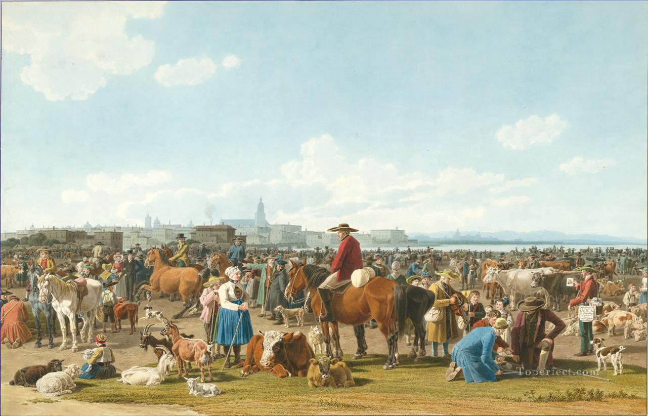 Wilhelm von Kobell Marché aux bestiaux devant une grande ville au bord d’un lac 1820 Peintures à l'huile